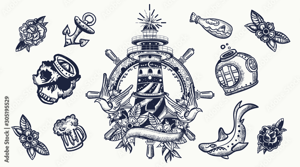 Shark and anchor tattoo emblem Royalty Free Vector Image