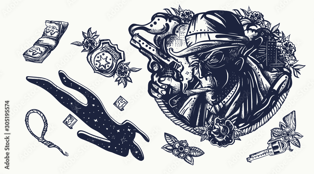 Noir film. True elderly detective smoking cigar. Murder and investigation.  Retro movie tattooing style. Crime scene, chalk outline of dead body. Old  school tattoo collection Stock Vector | Adobe Stock