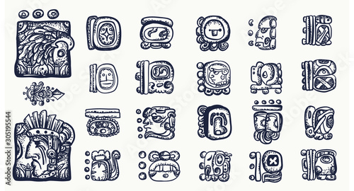 Mayan alphabet. Mexican mesoamerican glyphs, hieroglyphics. Maya civilization collection. Old school tattoo style