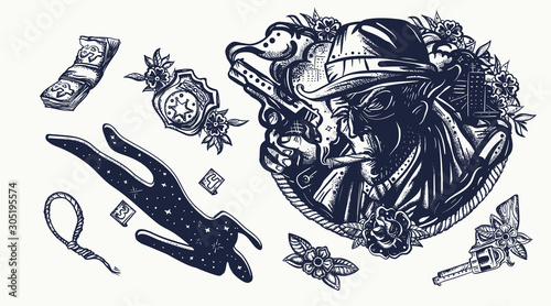 Noir film. True elderly detective smoking cigar. Murder and investigation. Retro movie tattooing style. Crime scene, chalk outline of dead body. Old school tattoo collection