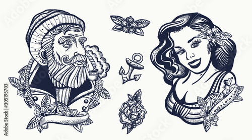Sea wolf captain and sailor girl. Marine elements. Sea adventure collection. Old school tattoo. Traditional tattooing style photo