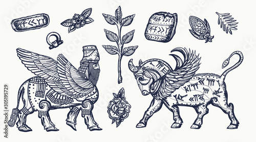 Mesopotamian goddess. Lamassu and winged bull. Cuneiform writing. Assyrian culture. Gilgamesh legends. Middle East history. Ancient Sumerian Civilization. Old school tattoo collection