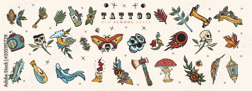 Tattoo elements collection. Big set. Old school flash tattooing style