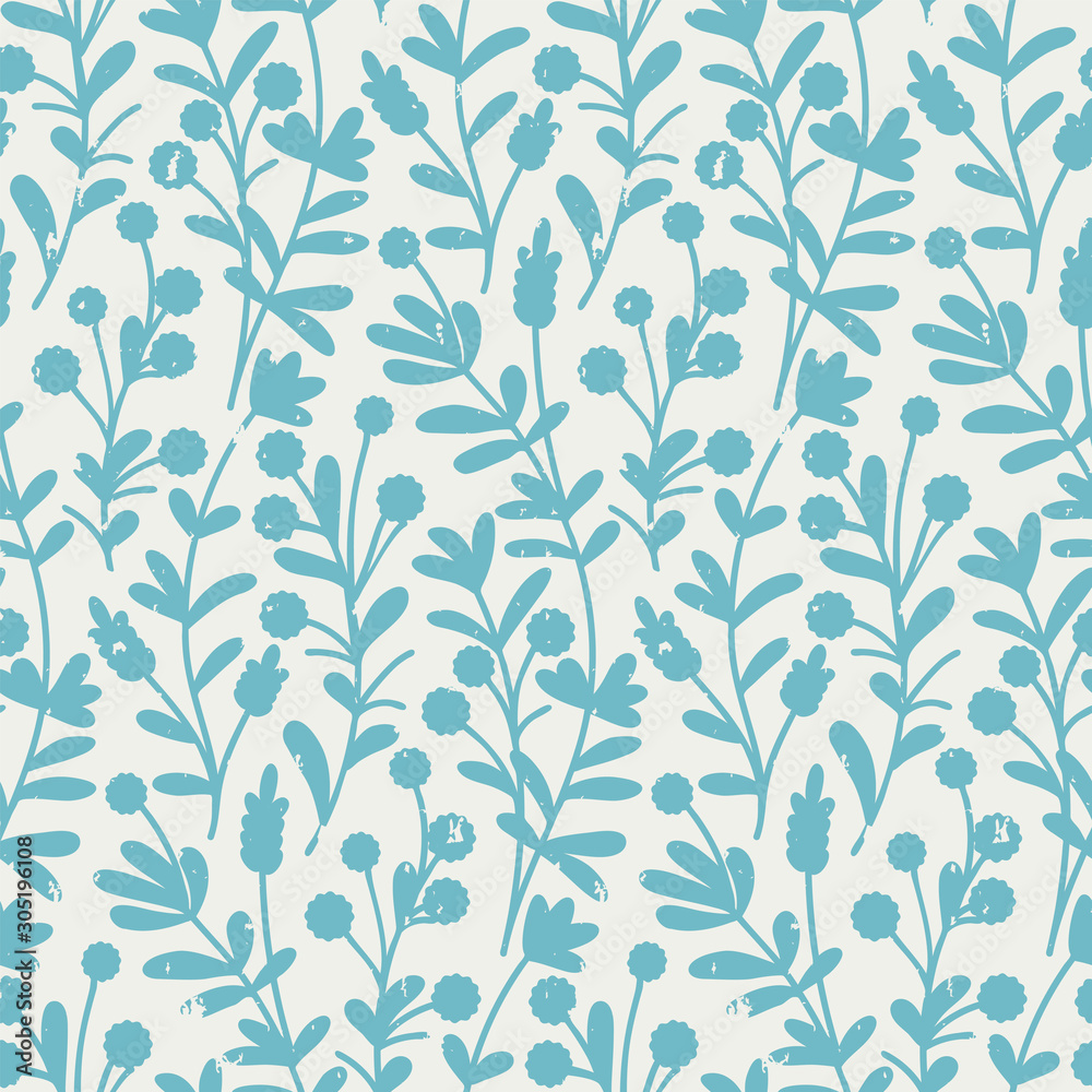 vector seamless pattern with blue large hand drawn cute flowers and grunge texture