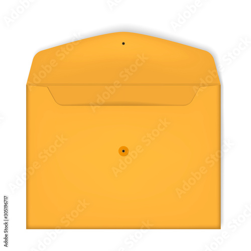 Open paper envelope file folder with button and string closure, realistic illustration. Business document cover for projects, reports and other, vector mockup for corporate design