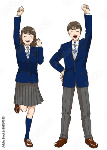 A young couple of students with their fists in the air