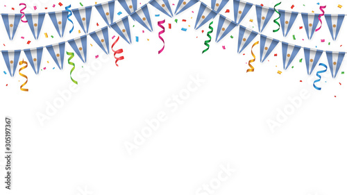 Argentina flag garland white background with confetti, Hang bunting for Argentinian independence Day celebration template banner, Vector illustration