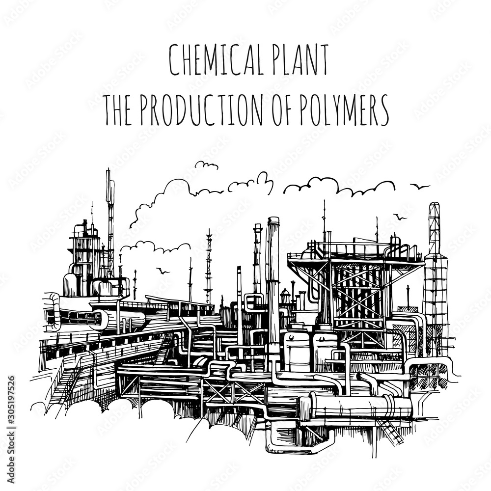 Obraz premium Chemical plant, the production of polymers, hand-drawn vector sketch
