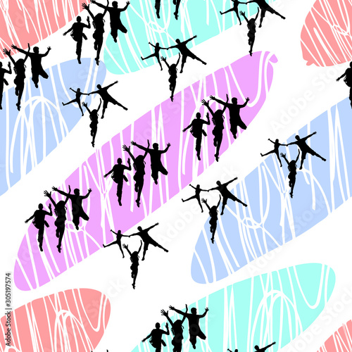 Vector seamless pattern for the design of fabric, textile, wallpaper, wrapping paper with black silhouettes of people on a background of color blots of modern colors.