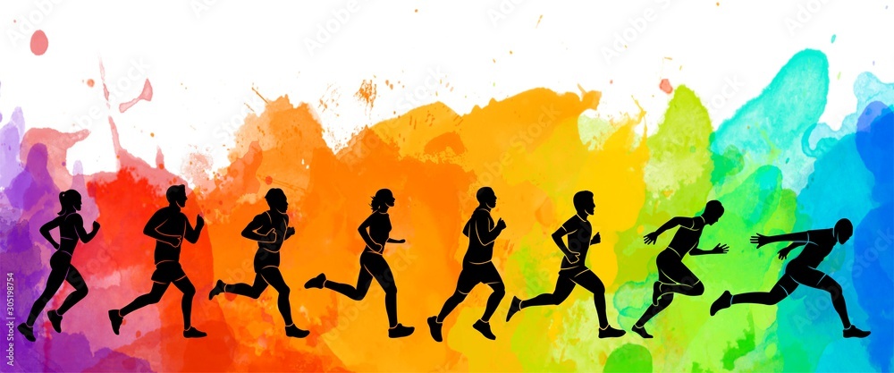 Running marathon, people run, colorful poster illustration man sketch hand  drawing sport watercolor background Stock Illustration | Adobe Stock