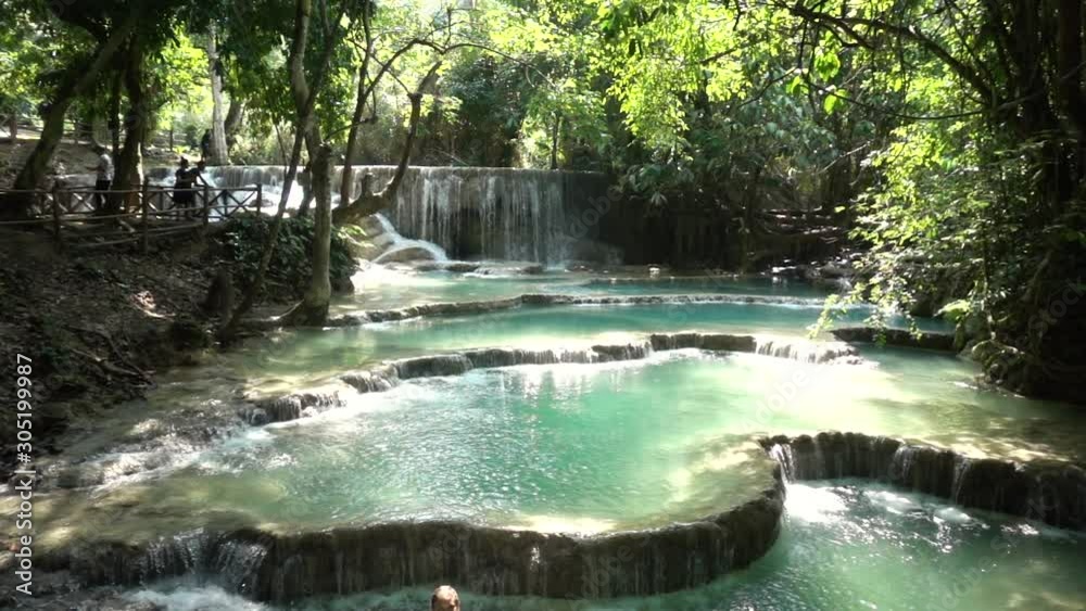 Slowmotion Wideshot of Kuang Si Waterfall with Tourists Watching Slowmotion Wideshot of Kuang Si Waterfall with Tourists Watching