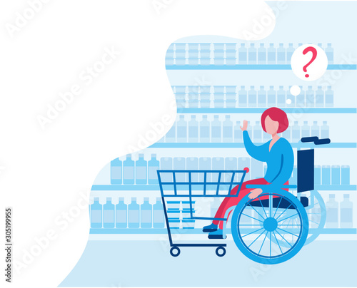 Disabled woman buys food in a supermarket. Woman in a wheelchair with a supermarket cart.
