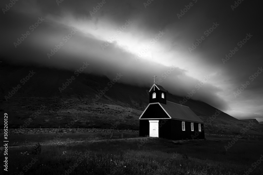 Old wooden black church in Iceland
