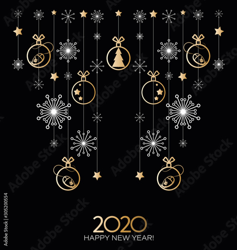 New Year s garland. Gold sparkling 2020  toys  snowflakes and mice. Chinese symbol of the year. Stylish golden computer mouse for web and print. Minimalistic mouse symbol.