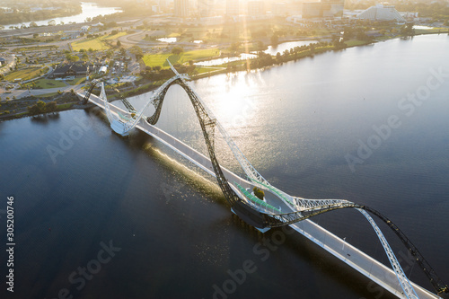 Aerial view of Matagarup bridge in the city of Perth, Western Australia at sunrise photo