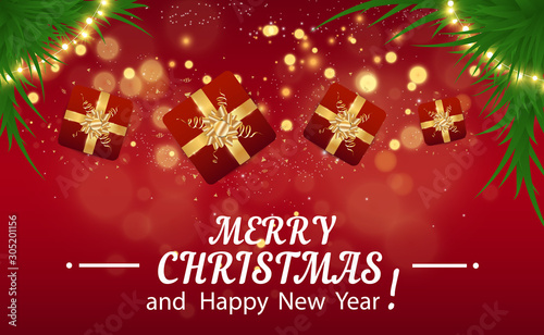  Merry Christmas and happy new year festive realistic red background. New year illustration with gift box and golden tinsel.