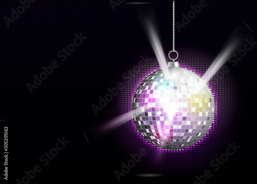 Vector realistic image of silver disco ball with bright color flares. Party invitations