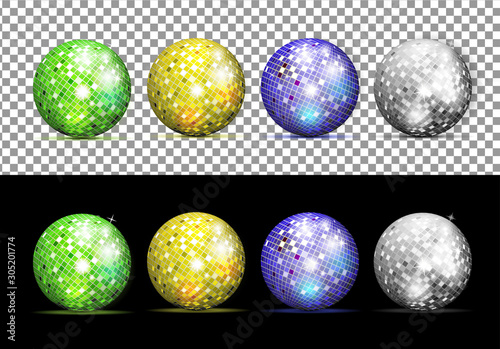 Vector realistic image of color disco ball with bright flares