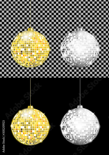 Vector realistic image of gold and silver disco balls with bright flares