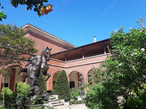 Paris, France  : Antoine Bourdelle workshop museum in the Montparnasse district. Outside view. Sculpture garden, including the monumental horse, brick building with arcades