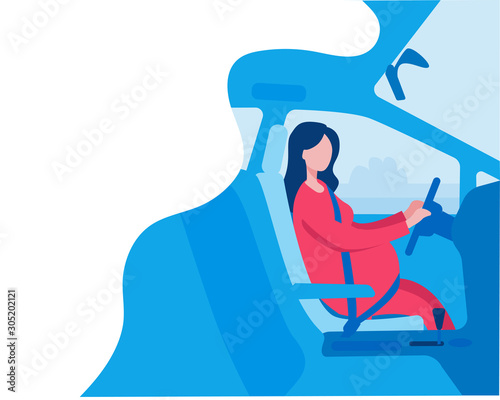 Pregnant woman driving a car. Vector illustration on the theme of everyday life during pregnancy.