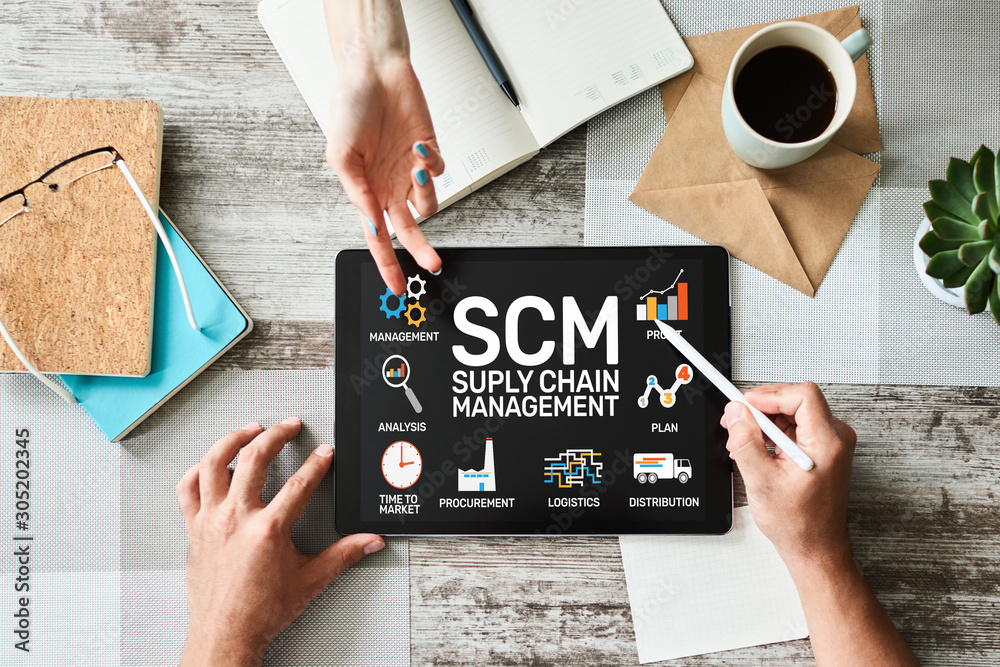 SCM - Supply Chain Management and business strategy concept on the screen.  foto de Stock | Adobe Stock