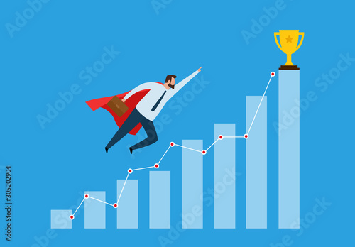 Successful businessman flying to success and get award trophies. Business concept illustration.