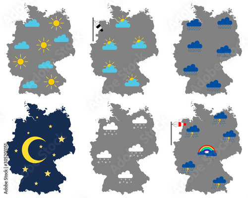 Karten von Deutschland mit verschiedenen Wettersymbolen