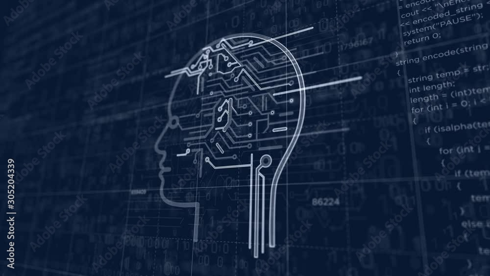 Artificial Intelligence project creating. Abstract concept of cyber technology, machine learning, robot and cybernetic brain 3d animation. Drawing digital scheme line of futuristic idea.