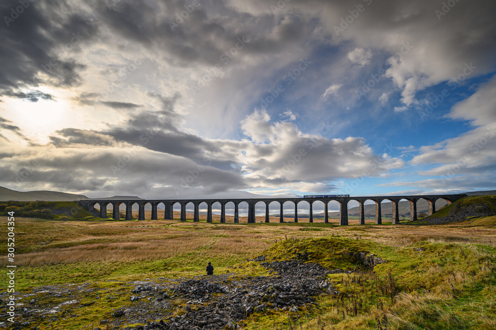 Train on Ribblehead Viaduct, which carries the Settle to Carlisle Railway across Batty Moss spanning 400 m and 32 m above the valley floor