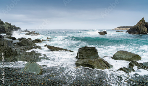 Panoramic view without people Beach with rocks on the coast of Asturias in Spain.