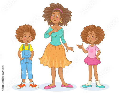 Happy african american family. Mother, son and daughter are standing and talking. In cartoon style. Isolated on white background. Vector illustration.