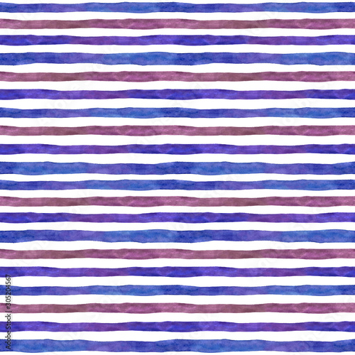Blue and purple watercolor strips on a white background. Abstract seamless pattern for textile design, wallpaper, and wrapping paper