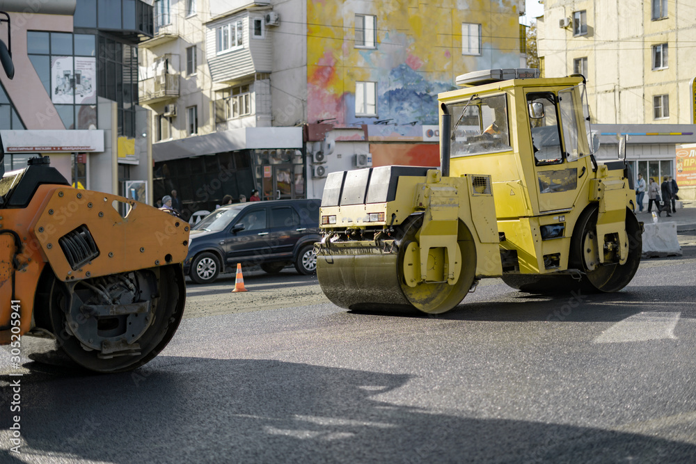 the road repair process, roller vehicle fix the highway in the urban city street