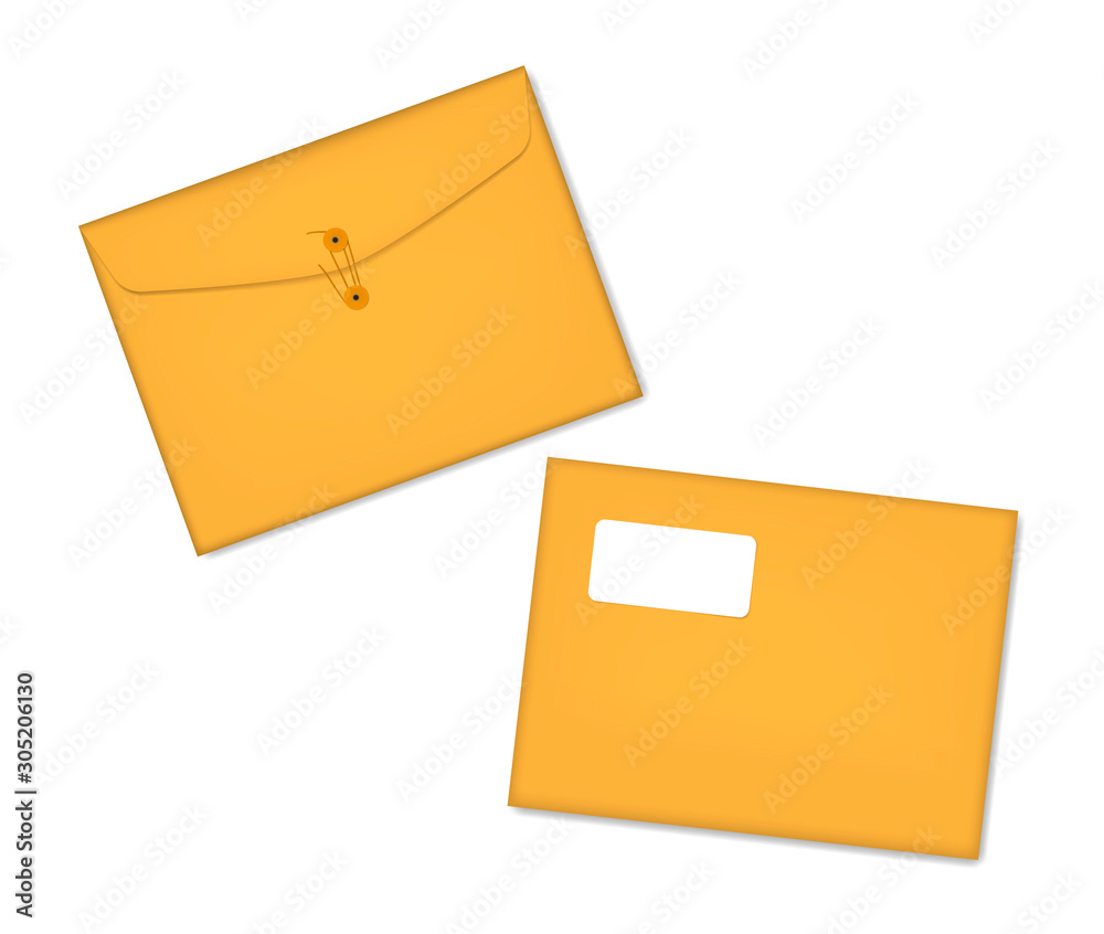 Horizontal paper envelope file folder with string closure and blank information sticker - front and back. Business document cover for projects, reports and other, realistic vector mockup Horizontal paper envelope file folder with string closure and blank information sticker - front and back. Business document cover for projects, reports and other, realistic vector mockup