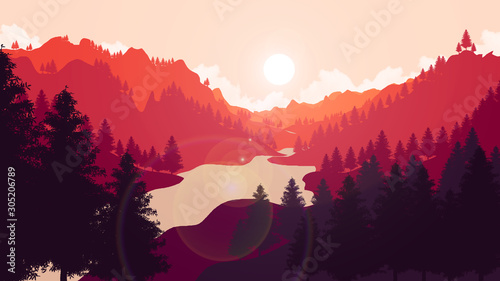 Beautiful landscape Background 2D illustration. Monochromatic Landscape with deep valleys, sunrise, sunset.