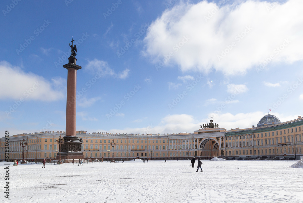 General Staff Building and Alexandrian Column with an Angel on Palace Square at frosty snow winter day in St. Petersburg, Russia