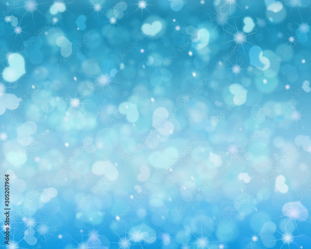 Blue magic background. Heart pattern with defocused lights, romantic bokeh effect, shiny sparkle.