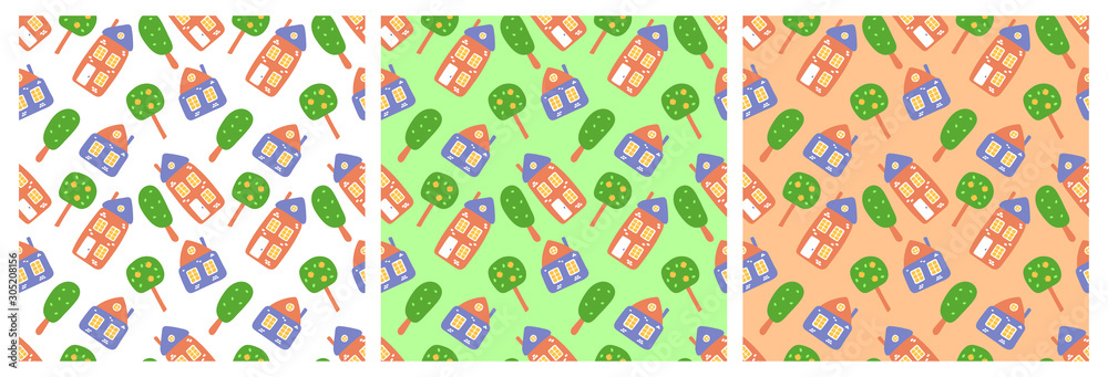 Kids seamless pattern set. Childish picture. Print for baby diaper, vest, slider, sheet, wallpaper, hat, jacket, dress, textile or linens. Hand drawn vector sketch background. Fashion drawing design Kids seamless pattern set. Childish picture. Print for baby diaper, vest, slider, sheet, wallpaper, hat, jacket, dress, textile or linens. Hand drawn vector sketch background. Fashion drawing design