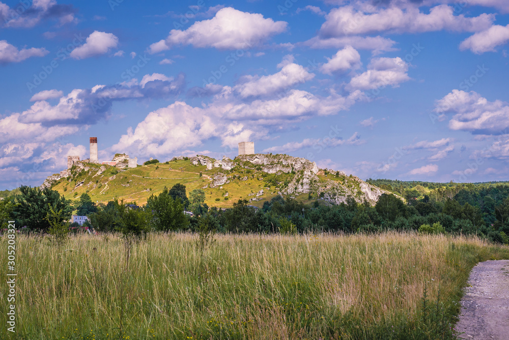 Distance view of castle in Olsztyn village, one of the chain of 25 medieval castles called Eagles Nests Trail, Poland