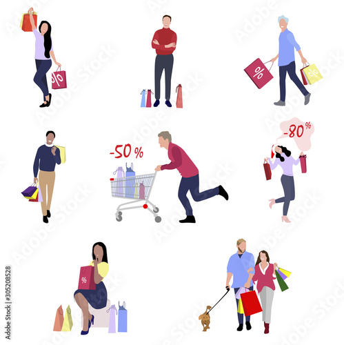 People with shopping bags, gifts and packs from retail and shop