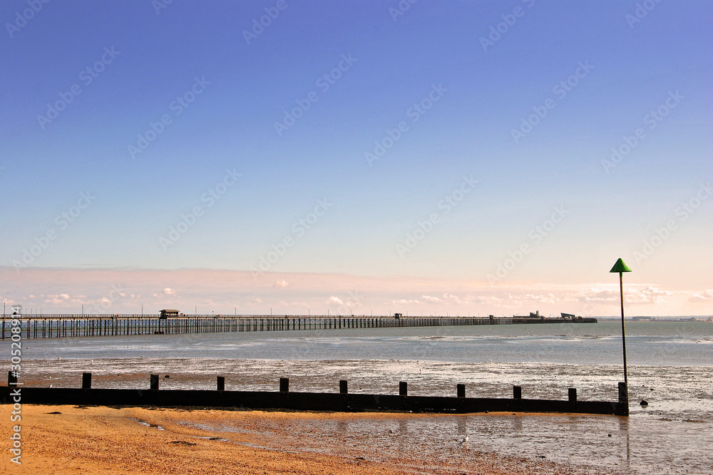 Southend Pier and Three Shells Beach, Southend on Sea, Essex, England Southend Pier and Three Shells Beach, Southend on Sea, Essex, England