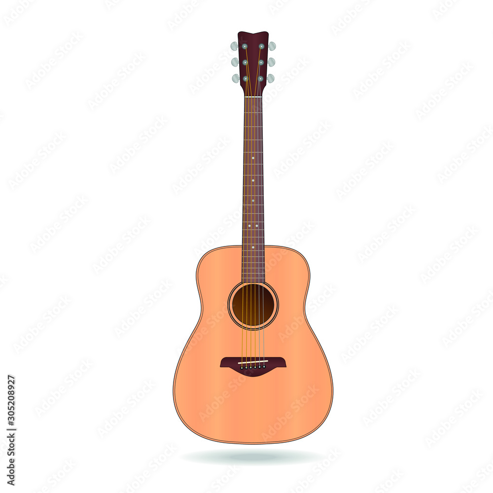 Realistic acoustic guitar icon shape silhouette. Music instrument logo symbol sign. Vector illustration image. Isolated on white background. 