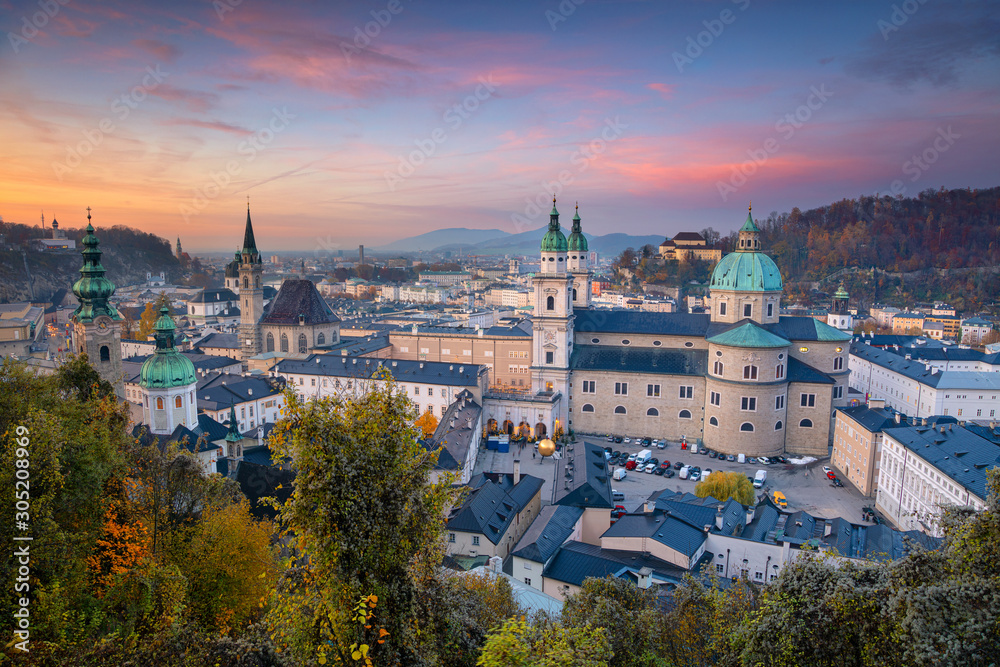 Salzburg, Austria. Cityscape image of the Salzburg, Austria with Salzburg Cathedral during autumn sunset.