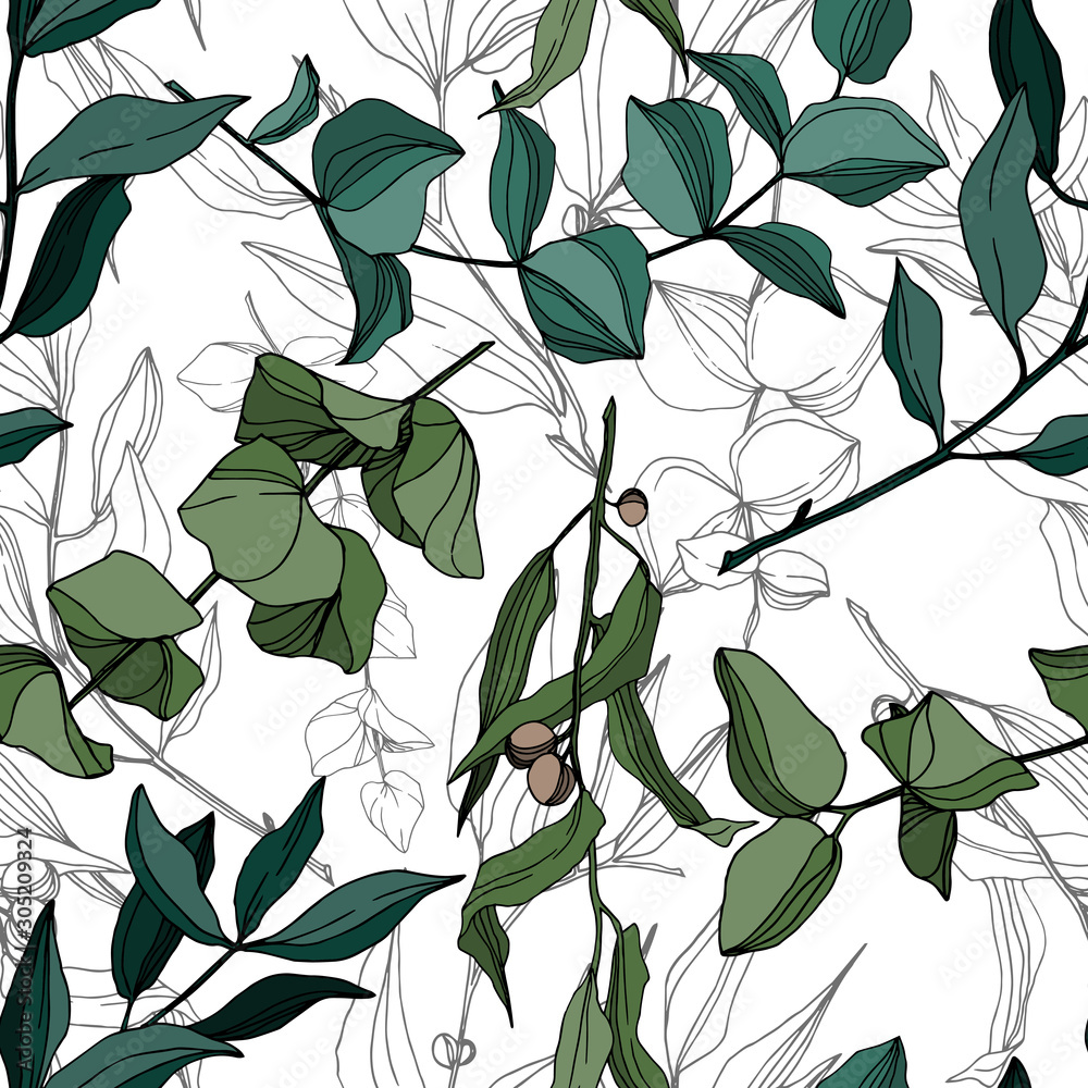 Vector Eucalyptus tree leaves jungle botanical. Black and white engraved ink art. Seamless background pattern. Vector Eucalyptus tree leaves jungle botanical. Black and white engraved ink art. Seamless background pattern.