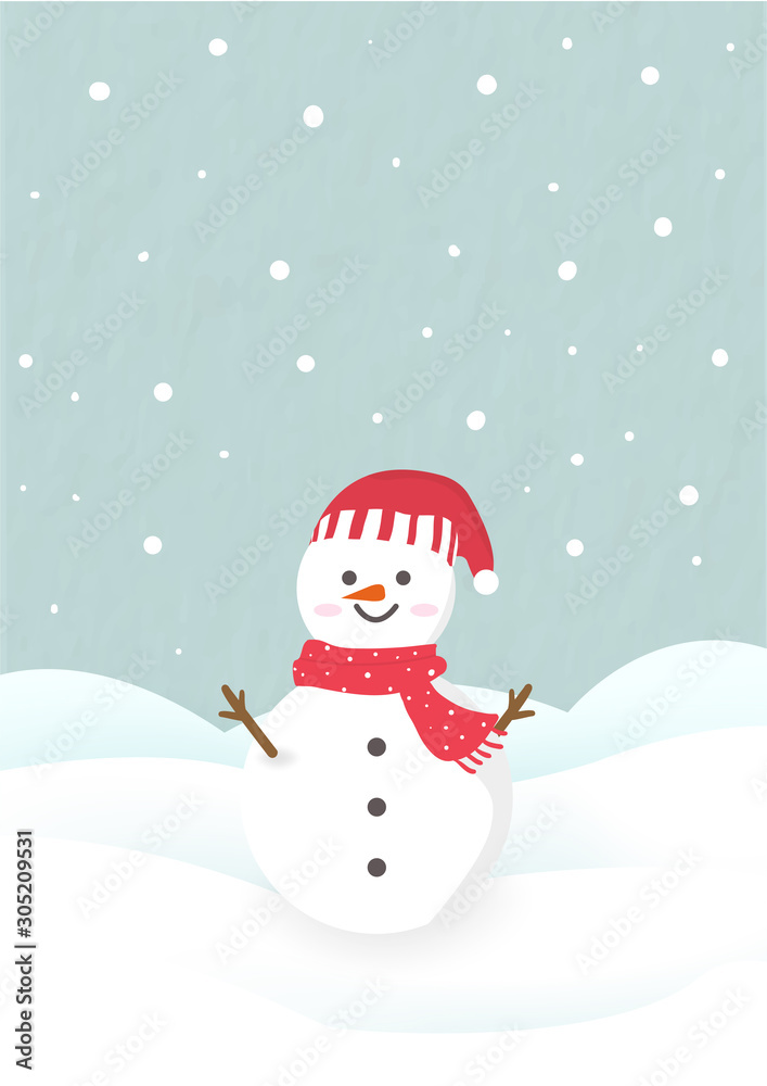 sweet snow man wearing scarf cute smile stand among snow blue pastel paper wallpaper cover background red cute winter cold card santa hat white wood hand ice christmas holiday celebration 