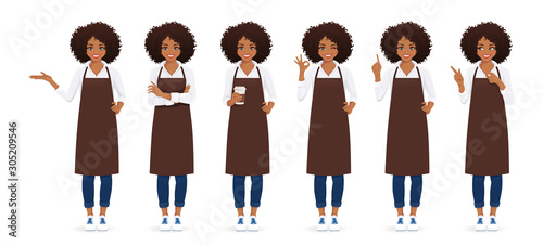 Smiling woman with afro hairstyle in apron standing with different gestures isolated vector illustration