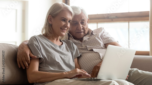 Happy older married couple enjoying spending free time online.