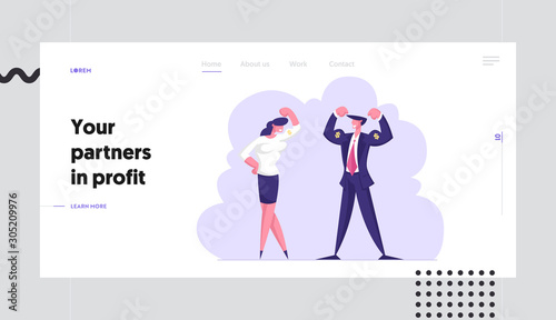 Goal Achievement Success, Victory Celebration Website Landing Page. Successful Businessman and Businesswoman Posing and Demonstrate Muscles and Power Web Page Banner. Cartoon Flat Vector Illustration