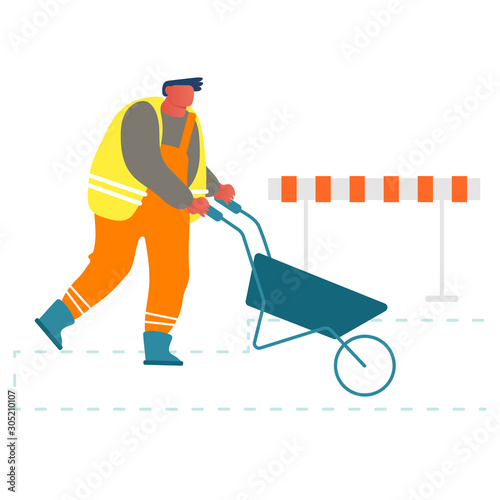 Builder Pushing Wheelbarrow Working on Construction Site or Road Repair. Laborer Wearing Orange Uniform and Vest Using Manual Cart for Removing Soil, Sand and Material Cartoon Flat Vector Illustration